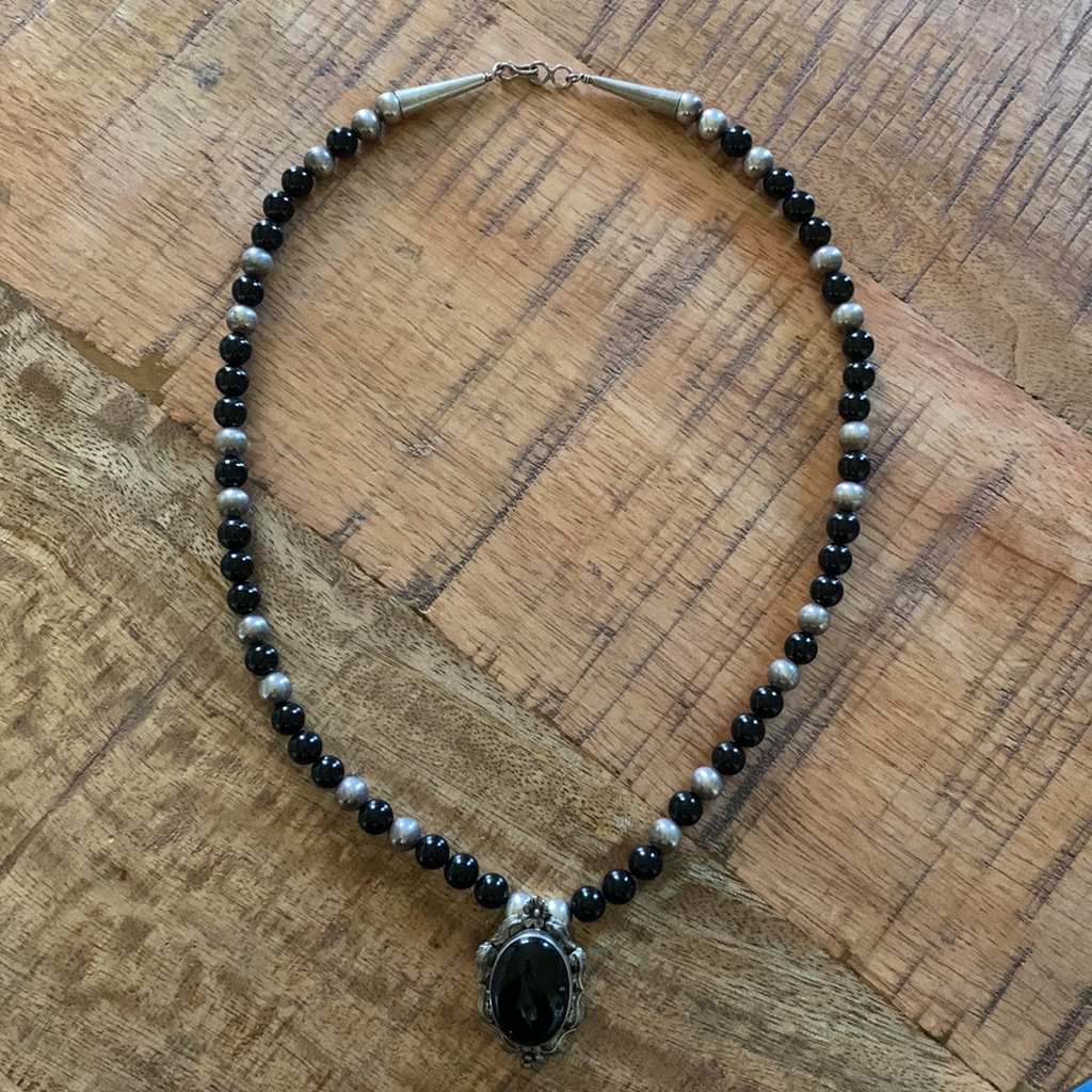 Carol Felley Navajo Sterling Silver & Onyx Necklace With Floral Design